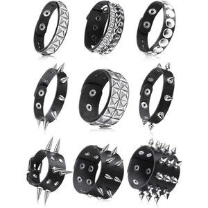 9 Pieces Spiked Studded Bracelet Black Leather Rivet Punk Bracelet Cuff